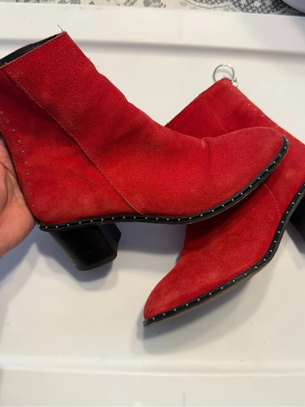 Topshop Red Suede Ankle Boots with Studded Trim - Women's Shoes Sz 37 (6.5)